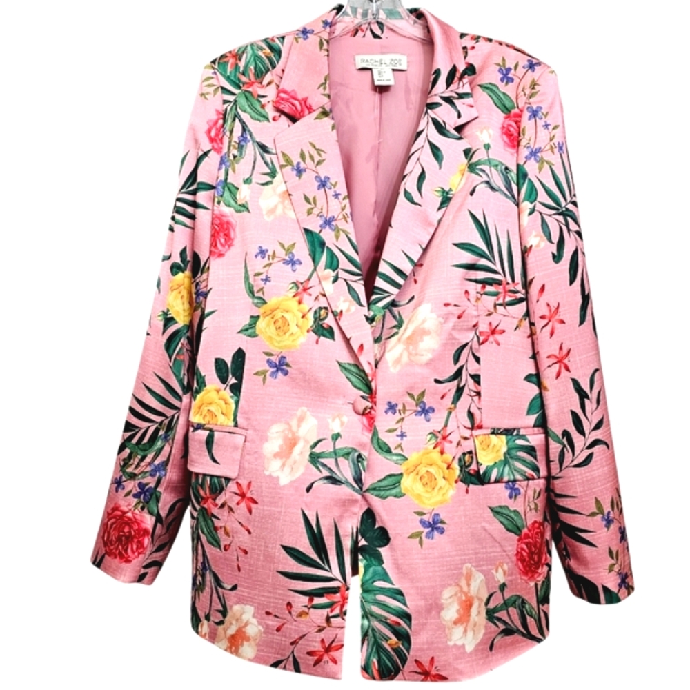 Nwot Rachel Zoe Pink Satin Floral Garden Print Collared Longsleeve Lined Blazer
